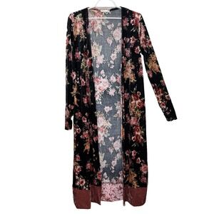 Blakeley Long Duster Cardigan Size L/XL Black Velour Floral Print Long Sleeve